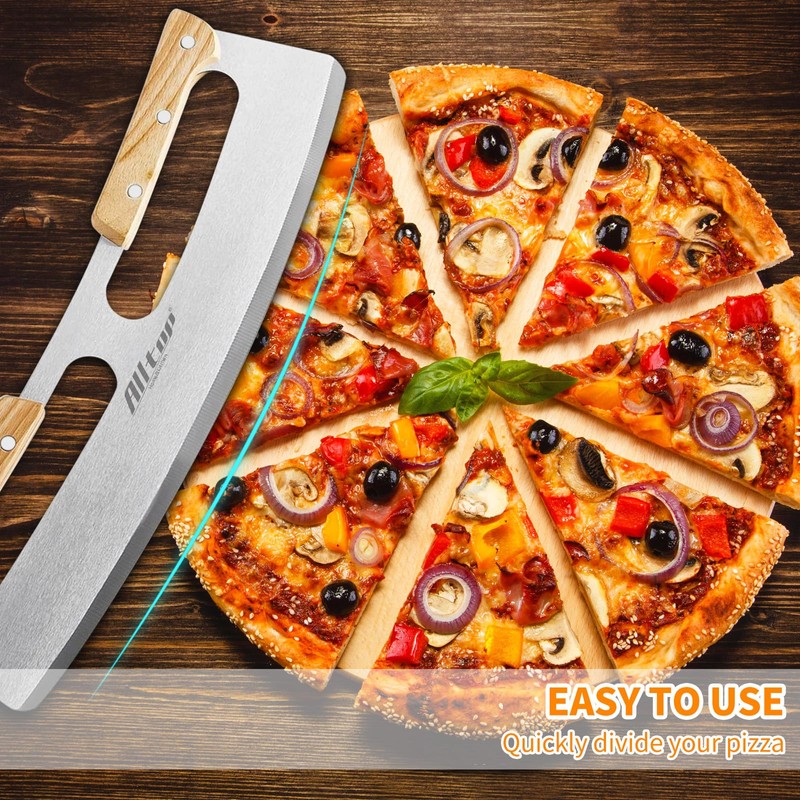 ALLTOP Pizza Cutter Rocker,Stainless Steel Blade Knife With Double Wooden