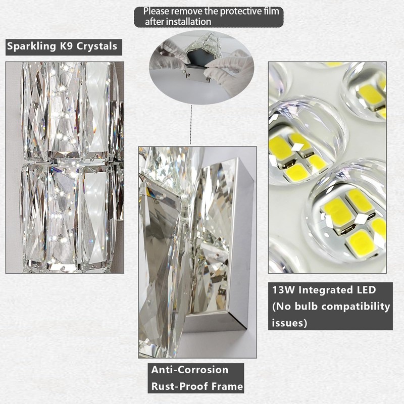 Luxury Chrome Crystal Wall Sconces, Modern Indoor Dimmable Wall Light