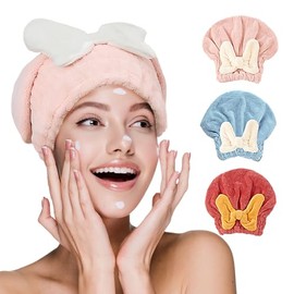 3pk de Turbantes de Secado Rápido, Gorros de Ducha de Vellón Coral | Gorros para Cabello Seco Súper Absorbentes, Gorros de Toalla Anti-Frizz con Lazos