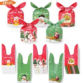 Lanfixilly Christmas Treats Bags,Christmas Party Candy Bags 100pcs Rabbit Ear Xmas Goodie Bags,5 Different Design Candy Wrapping Bags,for Christmas Party Snack Bags Presents Cookies Bags