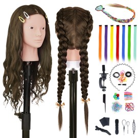 TopDirect Training Head 66cm/26 inch 70% Real Hair Cosmetology Hairdressing Mannequin Manikin Dummy Head Doll with Table Clamp Holder + Braid Set + 7 PCS Rainbow Colored Hair Extensions Wig Pieces