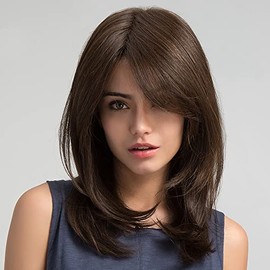 Peluca Natural Castaño Oscuro con Flequillo, Estilo Shaggy Largo y Cómodo, Pelucas Sintéticas para Mujer, Ideal para Cambiar de Look Fácilmente - (Pel