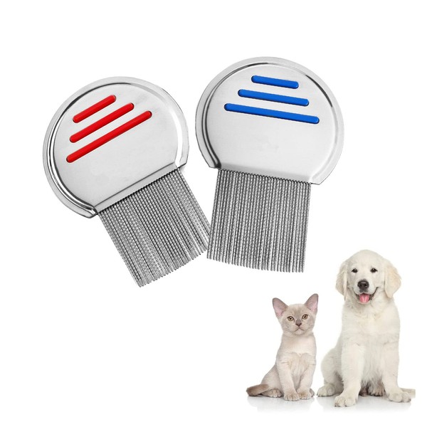 Pack of 2 lice comb, nit comb made of stainless steel metal, with extra narrow spiral teeth and non-slip handle, safely removes lice, eggs and nits, for babies, children, adults and pets