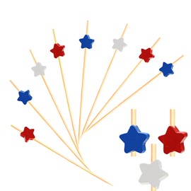 100pcs Red White Blue Star Cocktail Picks Fruit Sticks Food Toothpicks Sandwich Charcuterie Appetizer Skewers, Handmade of Bamboo Wood, for Fourth of July Independence Day Decoration Party Supplies
