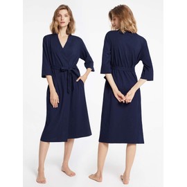 SIORO Women's Kimono Bath Robe Cotton Soft Light Thin Robe Long Knit Lightweight Bathrobe Summer Sleepwear Nightdress V-Neck Loungewear for House Navy Medium