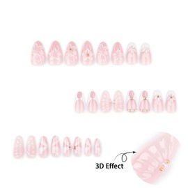 24Pcs White French Tip Press on Nails Medium Almond Fake Nails with Seashell Designs 3D Flower Acrylic Nails Gold Rhinestones Stick on Nails Summer False Nails Cute Ribbon Glue on Nails for Women