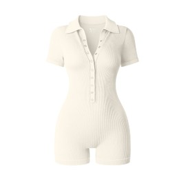 OQQ Women Yoga Rompers Ribbed V Neck Stretch Tummy Control Exercise Rompers Beige