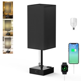 YIDPU Table Lamp for Bedroom with USB,Bedside Lamp with USB C+A Charging Ports,Adjustable 3color LED Light for Home Decor/Nightstand/Office,Included Bulb and Fabric Lamp Shade (Linen Black, 1PCS)