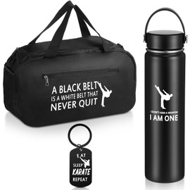 Layhit 3 Pcs Karate Gifts for Boys Include Large Martial Arts Duffel Bag 24 oz Stainless Steel Sport Water Bottle Funny Karate Keychain Taekwondo Gifts for Boys Active Athletes Gym Taekwondo (Black)