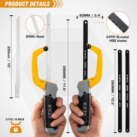 KATA Hacksaw, Compact Hand Operating Hack Saw with 10 Inch Aluminum Frame, 2 Piece Extra Flexible Bi-Metal HSS Blades and 1 Piece Woodworking Saw Blade, Suitable for Wood and Metal (Mini Hacksaw)