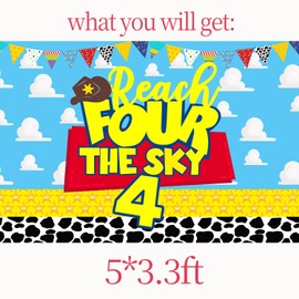 Reach Four The Sky Birthday Banner Backdrop Blue Sky Clouds Cartoon Story 4th Birthday Party Supplies Decorations Reach Four The Sky Birthday Decorations for Boys (Blue Reach 4 Sky)