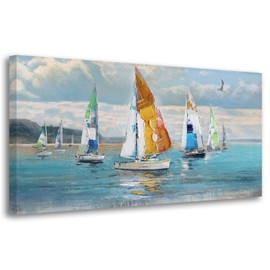 Ardemy Blue Abstract Wall Art Canvas Ocean Sailboat Picture Modern Coastal Painting, Large Nautical Handmade Artwork Textured Framed for Living Room Bedroom Bathroom Home Office Wall Decor 48"x24"
