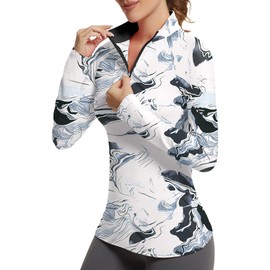 GGOV Golf Shirts for Woman UPF 50+ Sun Protection Quick Dry Lightweight Long Sleeve Polo Shirts for Woman Rash Guard, White Ink-wash Painting, Medium