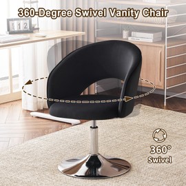 Furnimart Adjustable Black Vanity Chair with Back, Velvet Makeup Chair Swivel Accent Chair with Chrome Frame Hollow Backrest, Side Chair for Living Room, Makeup Room, Bedroom (Black)