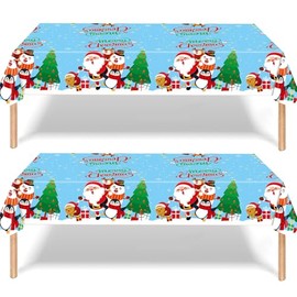 2Pcs Christmas Party Tablecloth Decorations for Xmas Party,137*274cm Blue Christmas Santa Disposable Party Table Cloth Party Table Covers,Dining Tablecover for Winter Holiday Christmas Picnic Party