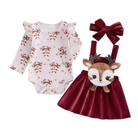 Siyova Newborn Baby Girl Christmas Outfit Long Sleeve Romper+Suspender Dress+Headband Toddler 3 Piece Skirt Set Cute Fall Winter Clothes (Deep Red, 3-6 Months)