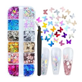 1 caja de 12 colores holográficos de mariposa para uñas con purpurina láser de lentejuelas plateadas 3D rojo dorado copos de uñas brillantes en polvo 
