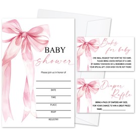 Pink Bow Baby Shower Invitation Set for Girls, 25 Set of Fill-in Invitation with Envelopes Diaper Raffle Tickets & Book Request Cards for Baby Announcement, Gender Reveal Party Favor And Supplies -B05