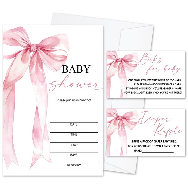 Pink Bow Baby Shower Invitation Set for Girls, 25 Set