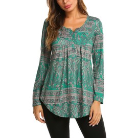 Halife Womens Fall Tops Loose Fit T Shirts Henley V Neck Casual Tunics Long Sleeve Paisley Blouse XL Dark Green