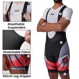 FDX Men’s Signature Cycling Bib Shorts, Padded Bib Shorts Quick Dry/Comfortable Biking Shorts for Longer Ride (Red, XX-Large)