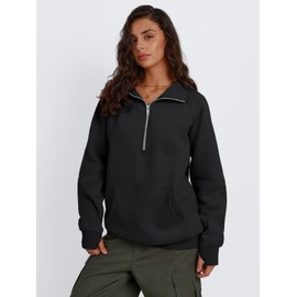 Trendy Queen Womens Oversized Sweatshirts Quarter Zip Pullover Long Sleeve Fall Fashion 2025 Winter Clothes Thumb Holes Black L