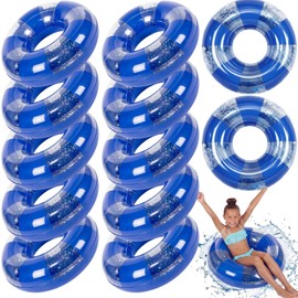 Simgoing 12 Pack Inflatable Pool Floats for Kids 24 Inch Glitter Swimming Ring with Sequined Inflatable Pool Tubes Toys for Boy Girl Summer Vacation Beach Party Favors (Blue,Clear Style)