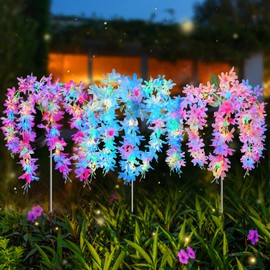 Neporal Solar Flowers Outdoor Waterproof IP65, 5 Lilac Flower Vines with 140+ Flowers, 2 Lightning Modes &Enlarged Solar Panel, 3PK Blue/Pink/Purple Solar Garden Lights Outdoor for Garden, Yard Decor