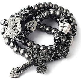 Large and Heavy Antique Bronze Metal Beads Rugged Durable Paracord Rosary Necklace with St.Michael Center Piece and Pardon Crucifix for Men - Style: Gun Black St.Michael Paracord Rosary