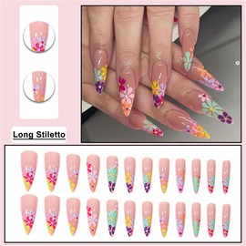 BAOYAALIN Stiletto Press on Nails Long Almond Fake Nails with Colorful Flower Design Acrylic Glue on Nails for Women Girls Full Cover Artificial False Stick on Nail for Daily Wear Wedding 24Pcs