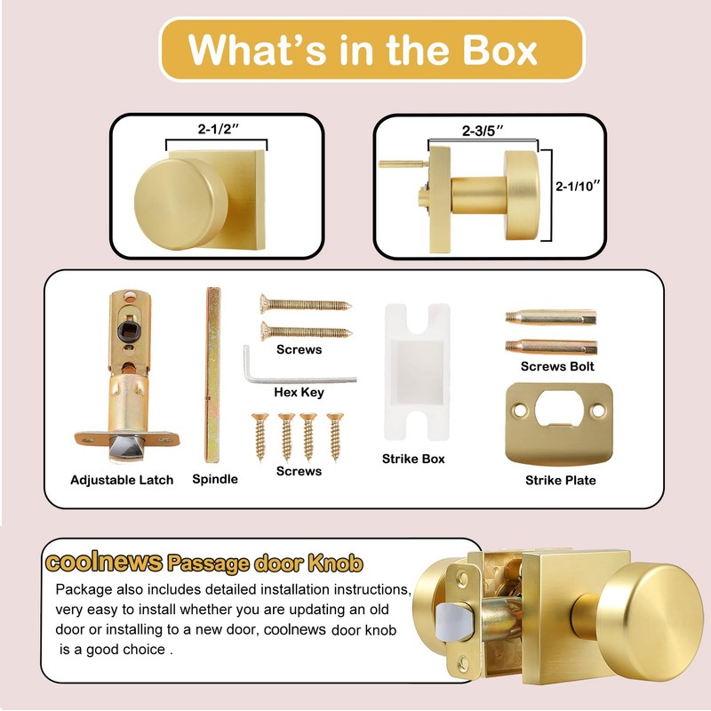 coolnews Brushed Gold Door Knob Passage Door Knobs Interior, Modern