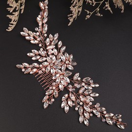 Teyglen Women Dainty Large Rhinestones Flower Crystal Pearls Bride Wedding Hair Comb Headband Luxurious Hair Accessories Shiny Rhinestones Crystals Bridal Side Hair Combs for Women Bride Girls (Rose Gold)