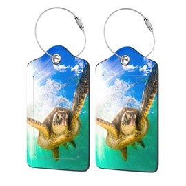 EOBKLAX Luggage Tags for Suitcase,2 Pack Hawaiian Green Sea Turtle Luggage Tag with Privacy Flap,Name ID Label and Metal Loop for Women Men Girls Baggage Bag Backpack Instrument