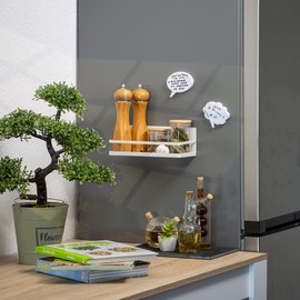 Robin Goods® Fridge Magnetic Shelf - Hanging Shelf with 2 Hooks - Kitchen Shelf Magnetic for Spices Made of Metal - Magnetic Shelf Organiser Maximum Load 6 kg (Pack of 1, White)