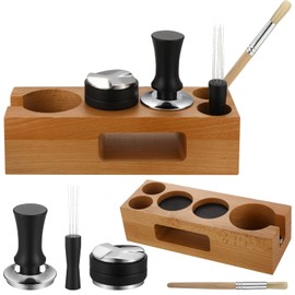 Roowest 5 Pack 54 mm Espresso Accessories Kit Wooden Tamper Station Coffee Distributor Tamper Espresso Stirrer Coffee Tamping Mat with Coffee Brush, Multipurpose Espresso Tools for Bar Home Office
