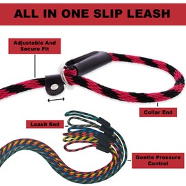 Slip Lead Dog Leash Made in The USA | All in One No Pull Dog Leash and Collar with Adjustable Loop | 1/2” Thick for Large Dogs 6 FT (Red)
