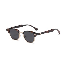 LJCZKA Polarised Round Sunglasses for Men Women Retro Small Round Sunglasses Classic Metal Frame Fashion Glasses with UV400 Protection, Leopard Gold Grey