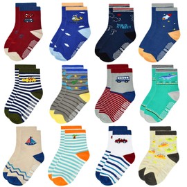 12 Pairs Toddler Non Skid Socks with Grips Anti Slip Bottom, Cotton Non Slip Ankle Crew Socks for Boys, Girls, Kids(1-3Years)