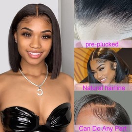 Karlami 13X4 Bob Wig Human Hair Frontal Lace Wig Glueless Wigs Human Hair Pre Plucked Transparent Bob Lace Front Wigs for Women 150% Density (Black, 10 inches)