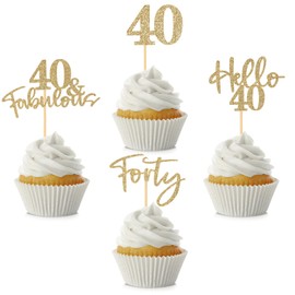 48 piezas de adornos para cupcakes de 40 cumpleaños, con purpurina Hello 40 cupcakes, 40 fabulosas púas para decorar tartas para feliz cumpleaños 40, boda, aniversario, fiesta, suministros de decoración de pasteles, color champaña dorado