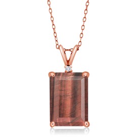 Gem Stone King 18K Rose Gold Plated Silver Red Tiger Eye and White Lab Grown Diamond Pendant