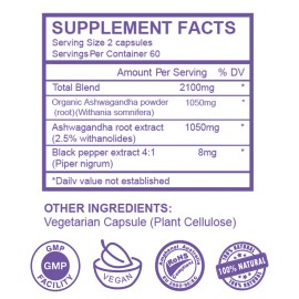 Amer Don Organic Ashwagandha Capsules 2100mg Supplement w/ Black Pepper Root Powder 120ct