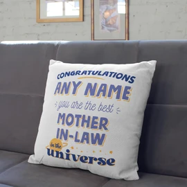 MUGFFINS MOTHER IN LAW Cushion Padding included - in English - Best in the Universe - Funny gift - Pillow: cover and filling 15.7x15.7 inches