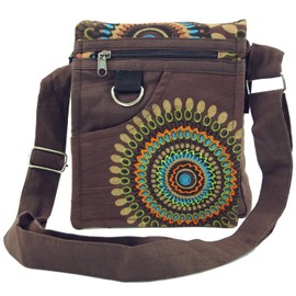 Guru-Shop shoulder bag, hippy bag, Goa bag, green, for men/women, cotton, 18 x 16 x 4 cm, alternative shoulder bag, fabric handbag - Brown -