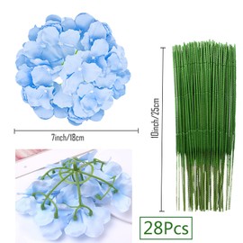 HinyoCo 28 Pcs Silk Hydrangea Flowers Artificial Flowers 7 inch Hydrangea Head with stem, Used for Home Wedding Party Decoration (Light Blue)
