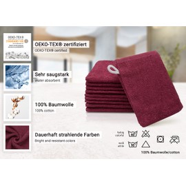 ZOLLNER 10er Set Waschhandschuhe in 16x21 cm - saugstarke und weiche Waschlappen in weinrot - mit praktischem Aufhänger - waschbar bis 60°C - Baumwolle - Hotelqualität