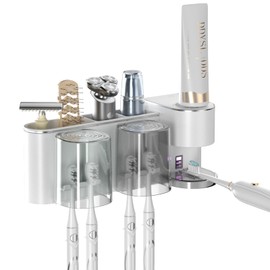 Toothbrush Holder Wall Mounted for Bathroom: Adjustable White Electric Automatic Toothpaste Dispenser - 4 Toothbrush Storage Slots 2 Cups and Large Capacity Tray - Family Kids