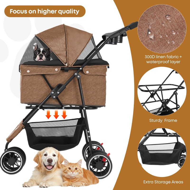 Pet Stroller,Dog Stroller for Small Medium Dogs Cats,3 Wheels,Foldable,with Breathable