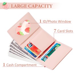 Modacarry Strawberry Small Wallet Girls Cute Wallet with ID Window & 7 Credit Card Holder for Women (PINK)