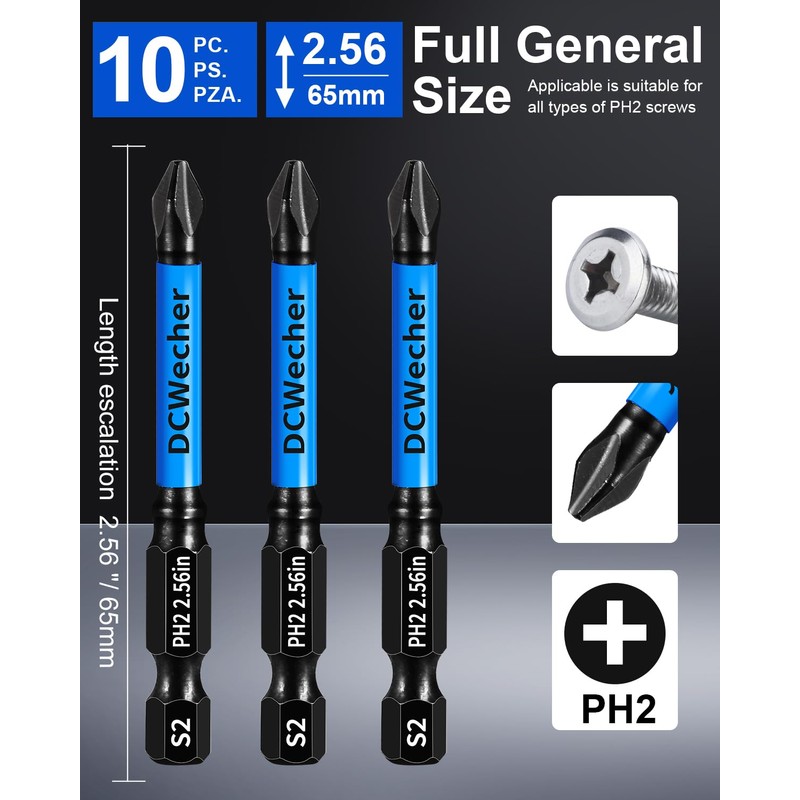 DCWecher 10-Pack Phillips Bits #2 Impact 2.5" Long, Magnetic Phillips